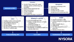 Pierre-Robin sequence, PRS, treatment, evaluation, management, mild, moderate, severe, prone positioning, NPA, reflux, central apnea, laryngoscopy, bronchoscopy, TLA, MDO, tracheostomy, apnea-hypopnea index