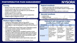 postoperative pain management, opioid, educate, analgesia, paracetamol, non-steroidal anti-inflammatory drugs, nsaids, nausea, vomiting, sedation, pruritus, respiratory depression, constipation, urinary retention, gabapentinoids, n-methyl-d-aspartate receptor antagonists, alpha-2 adrenergic agonists, multimodal, clonidine, dexmedetomidine, ketamine, dexamethasone, regional anesthesia, local infiltration, peripheral nerve blocks, neuraxial, epidural, spinal WHO pain ladder