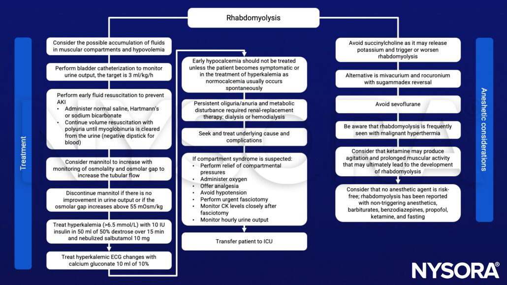 Rhabdomyolysis, hypovolemia, fluid resuscitation, acute kidney injury, myoglobin, hyperkalemia, mannitol, compartment syndrome, succinylcholine