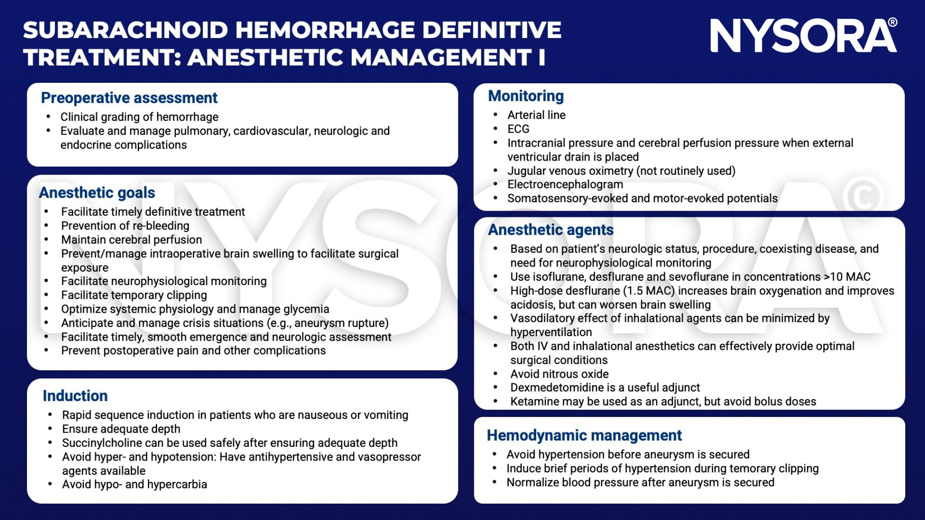 subarachnoid hemorrhage, pulmonary, cardiovascular, neurologic, endocrine, re-bleeding, cerebral perfusion, brain swelling, neurophysiological monitoring, glycemia, rapid sequence induction, succinylcholine, vasopressor, hypocarbia, hypercarbia, arterial line, ecg, intracranial pressure, cerebral perfusion, external ventricular drain, jugular venous oximetry, electroencephalogram, somatosensory-evoked potentials, motor-evoked potentials, isoflurane, desflurane, sevoflurane, acidosis, hyperventilation, nitrous oxide, dexmedetomidine, ketamine, hypertension