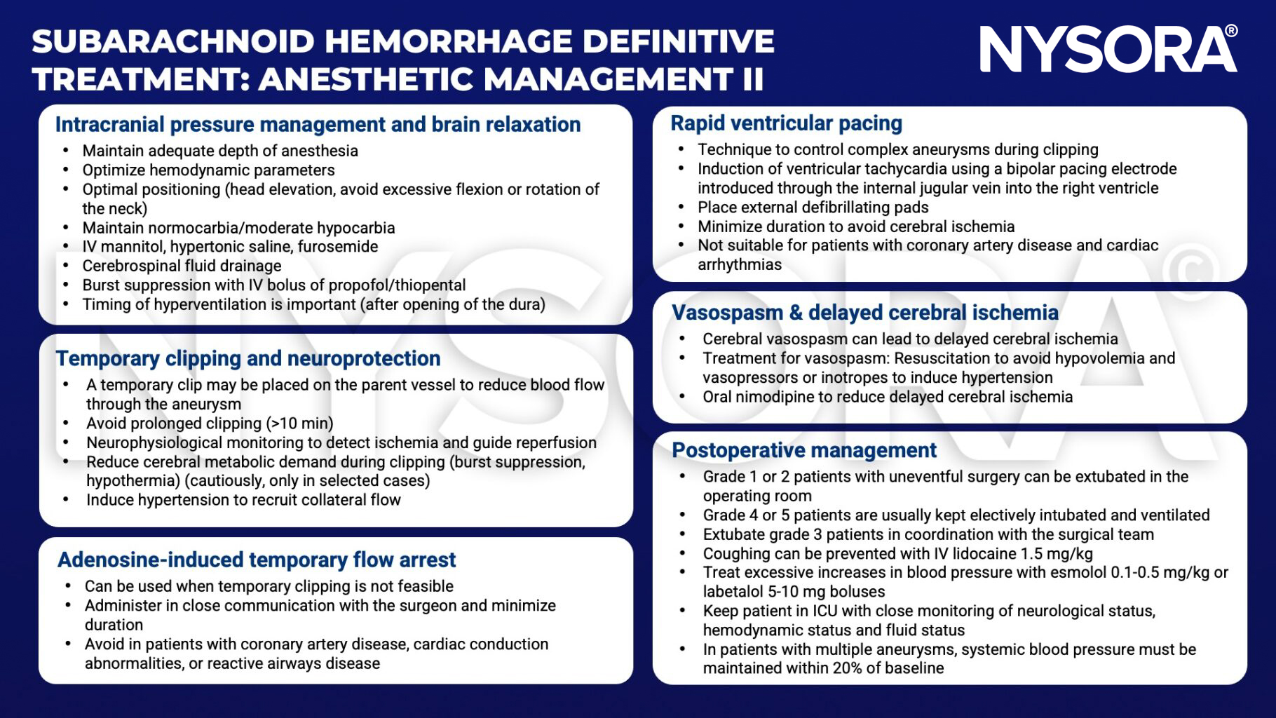 subarachnoid hemorrhage, intracranial pressure, brain relaxation, positioning, normocarbia, hypocarbia, mannitol, hypertonic saline, flurosemide, cerebrospinal fluid drainage, burst suppression, propofol, tiopental, hyperventilation, temporary clipping, ischemia, metabolic demand, hypothermia, hypertension, adenosine-induced temporary flow arrest, coronary artery disease, cardiac conduction abnormalities, reactive airways disease, rapid ventricular pacing, tachycardia, bipolar pacing electrode, internal jugular vein, right ventricle, external defibrillation pads, cardiac arrhythmias, vasospasm, delayed cerebral ischemia, hypovolemia, vasopressors, inotropes, nimodipine, extubate, lidocaine, esmolol, labetalol, systemic blood pressure