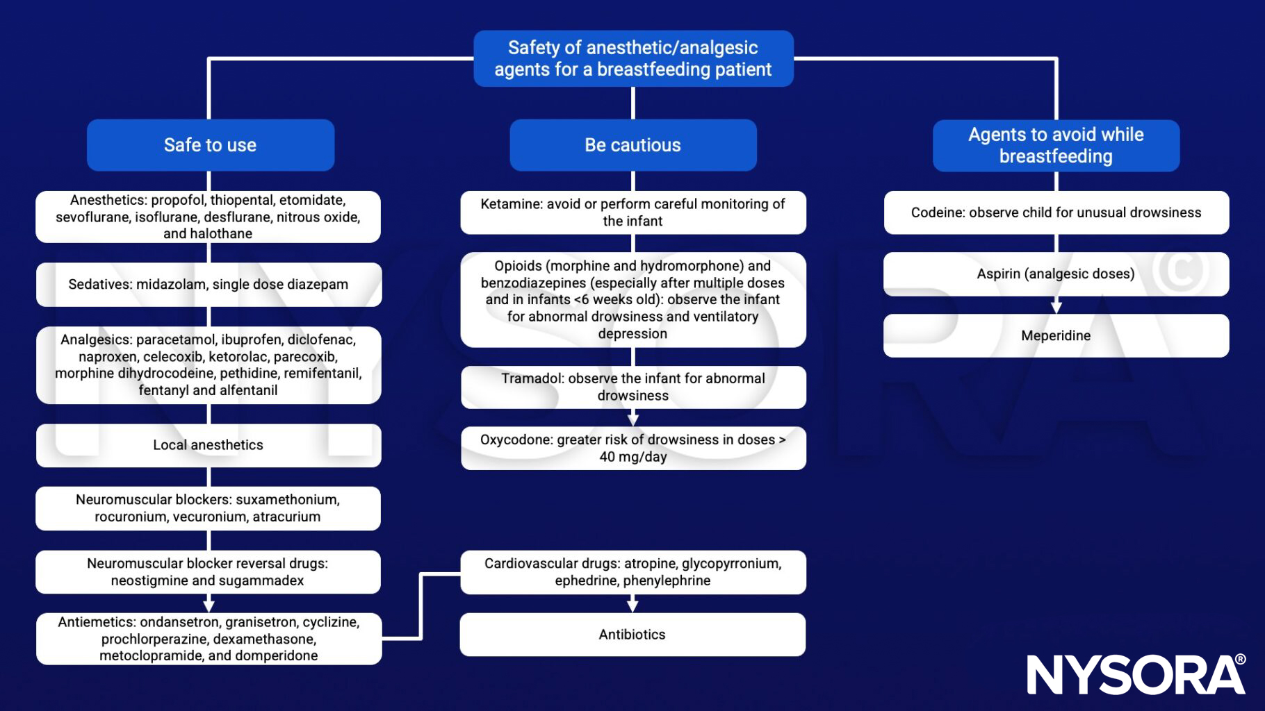 Breastfeeding patient, Anesthetics: propofol, thiopental, etomidate, sevoflurane, isoflurane, desflurane, nitrous oxide, and halothane Sedatives: midazolam, single dose diazepam Analgesics: paracetamol, ibuprofen, diclofenac, naproxen, celecoxib, ketorolac, parecoxib, morphine dihydrocodeine, pethidine, remifentanil,fentanyl and alfentanil Local anesthetics Neuromuscular blockers: suxamethonium, rocuronium, vecuronium, atracurium Neuromuscular blocker reversal drugs: neostigmine and sugammadex Antiemetics: ondansetron, granisetron, cyclizine, prochlorperazine, dexamethasone, metoclopramide, and domperidone Cardiovascular drugs: atropine, glycopyrronium, ephedrine, phenylephrine Antibiotics Ketamine Opioids, morphine, hydromorphone Tramadol Oxycodone Codeine Aspirin Meperidine 