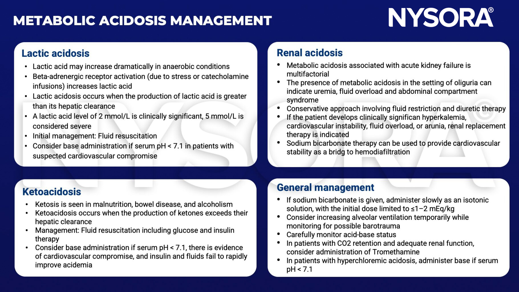 metabolic acidosis, lactic acidosis, lactic acid, anaerobic, catecholamine, fluid resuscitation, base, ketoacidosis, ketosis, glucose, insulin, cardiovascular, acidemia, renal acidosis, oliruria, uremia, fluid overload, abdominal compartment syndrome, diuretic, hyperkalemia, sodium bicarbonate, tromethamine