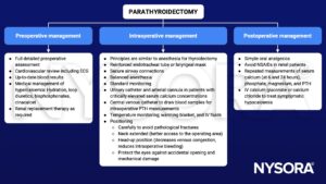 parathyroidectomy, management, preoperative, intraoperative, postoperative, ECG, hypercalcemia, hydration, loop diuretics, bisphosphonates, cinacalcet, renal replacement therapy, thyroidectomy, reinforced endotracheal tube, balanced anesthesia, urinary catheter, arterial cannula, calcium, central venous catheter, parathyroid hormone, PTH, temperature, warming blanket, IV fluids, careful positioning, neck extension, head-up, oral analgesics, phosphate, magnesium, calcium gluconate, calcium chloride, hypocalcemia