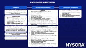 prolonged anesthesia, joint placement, traction, N2O, enflurane, desflurane, halothane, low-flow circle, temperature, invasive blood pressure, blood loss, bispectral index, tracheal tube cuff, nerve stimulator, blood gas, electrolytes, glucose, coagulation, pressure-volume loop, lung compliance, oxygen, nitrous oxide, anesthetic vapor, co2, fluid balance, central venous pressure, urine output, cardiac output, regional, sedation, total intravenous anesthesia, target-controlled anesthesia, arthralgia, eye protection, deep vein thrombosis, physiotherapy