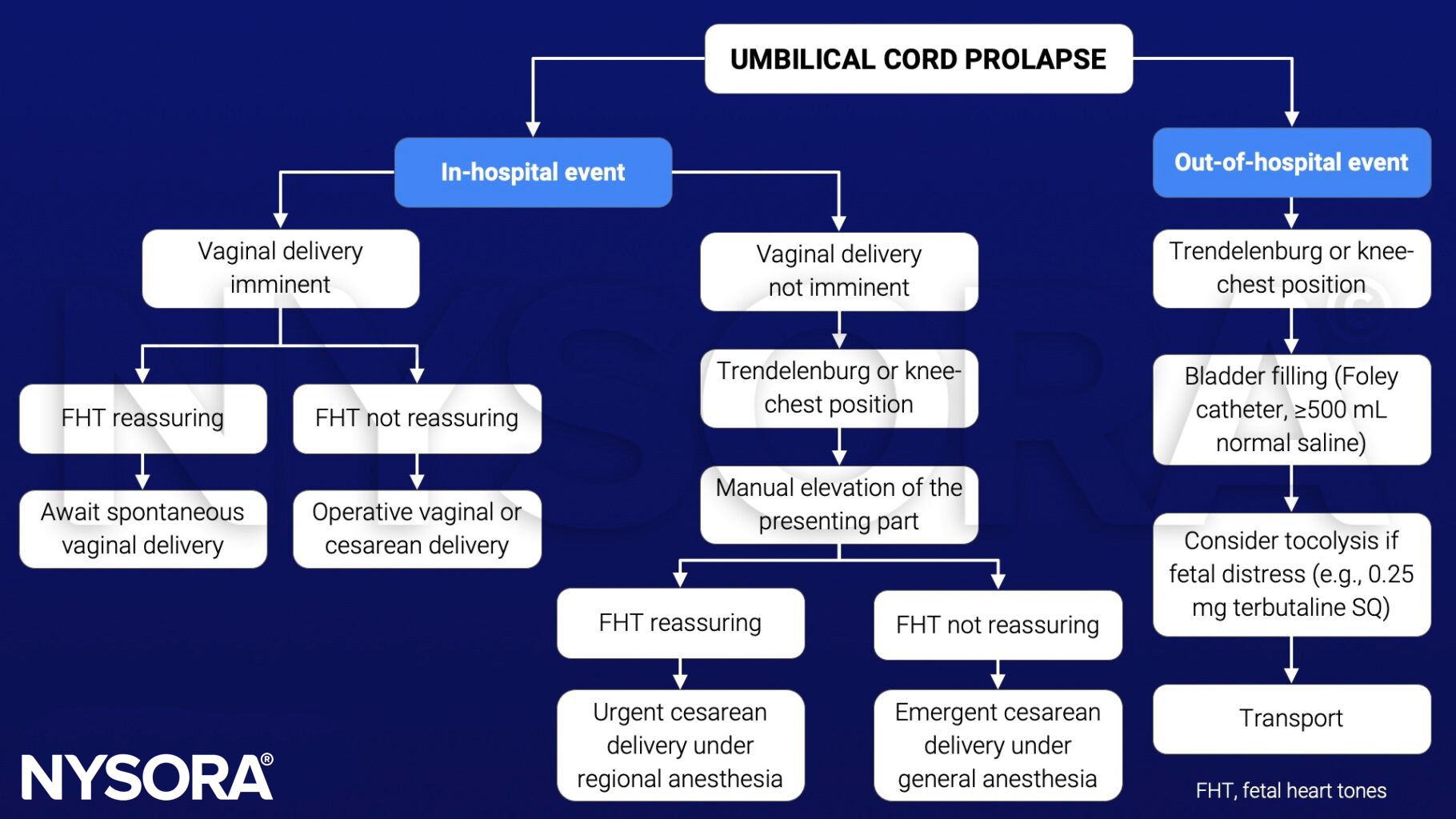 umbilical cord prolapse, management, in-hospital, out-of-hospital, vaginal delivery, cesarean section, fetal heart tones, trendelenburg, knee-chest position, regional anesthesia, general anesthesia, bladder filling, tocolysis, terbutaline