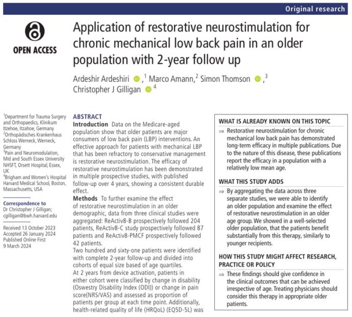 Restorative neurostimulation offers long-term relief for chronic low back pain in older adults